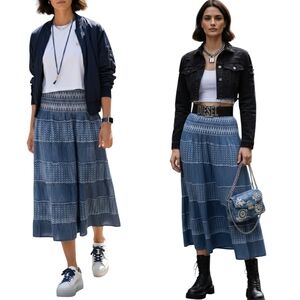 Denim Blue Wash Tiered Midi jean Skirt M